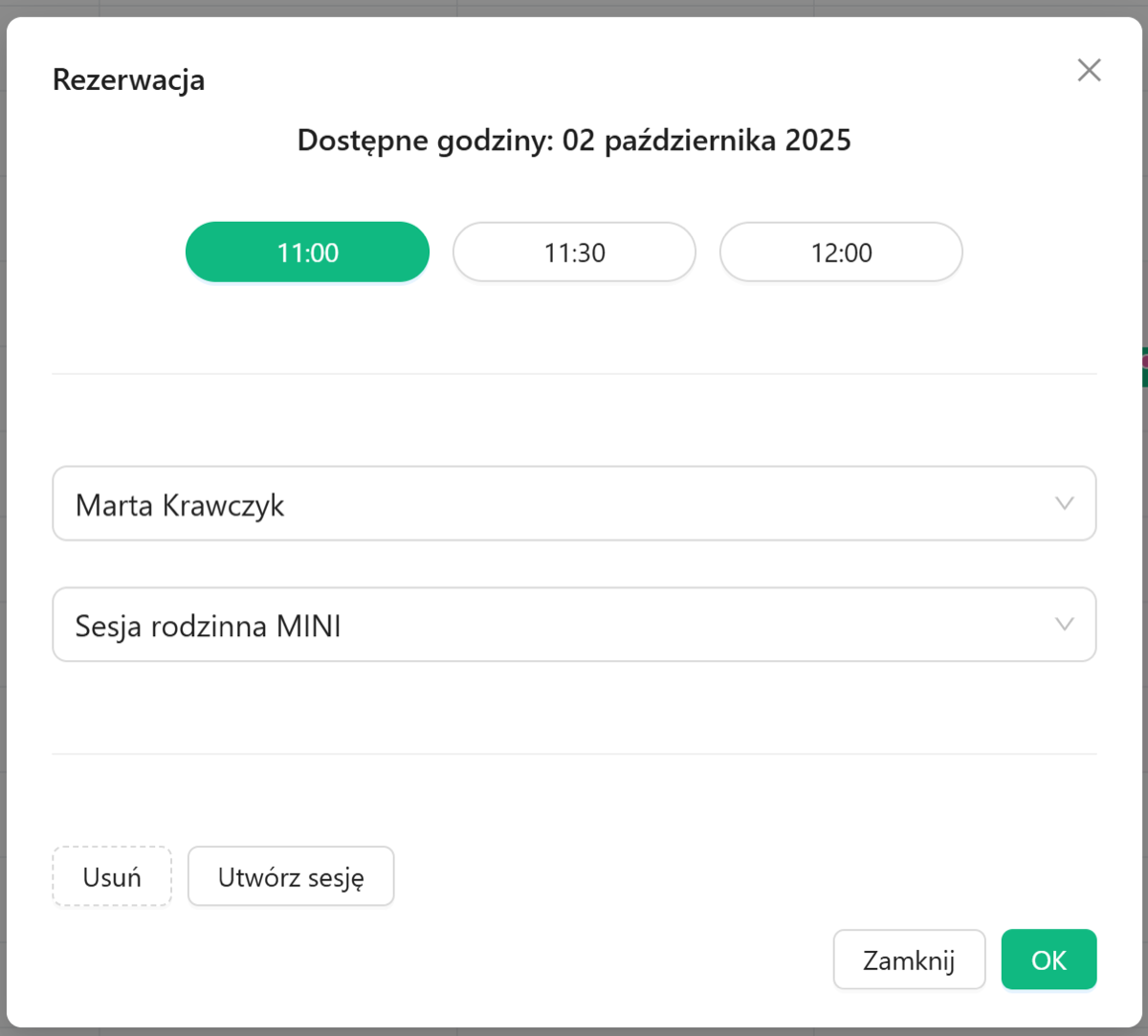 Okno modyfikacji rezerwacji