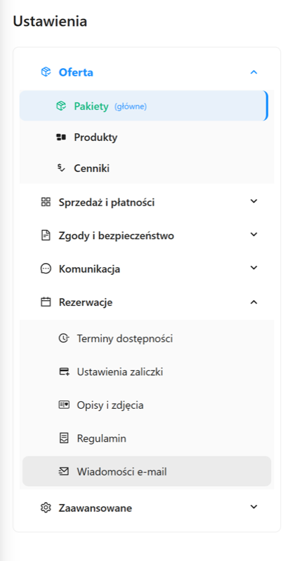 Menu ustawień - Rezerwacje - Wiadomości e-mail